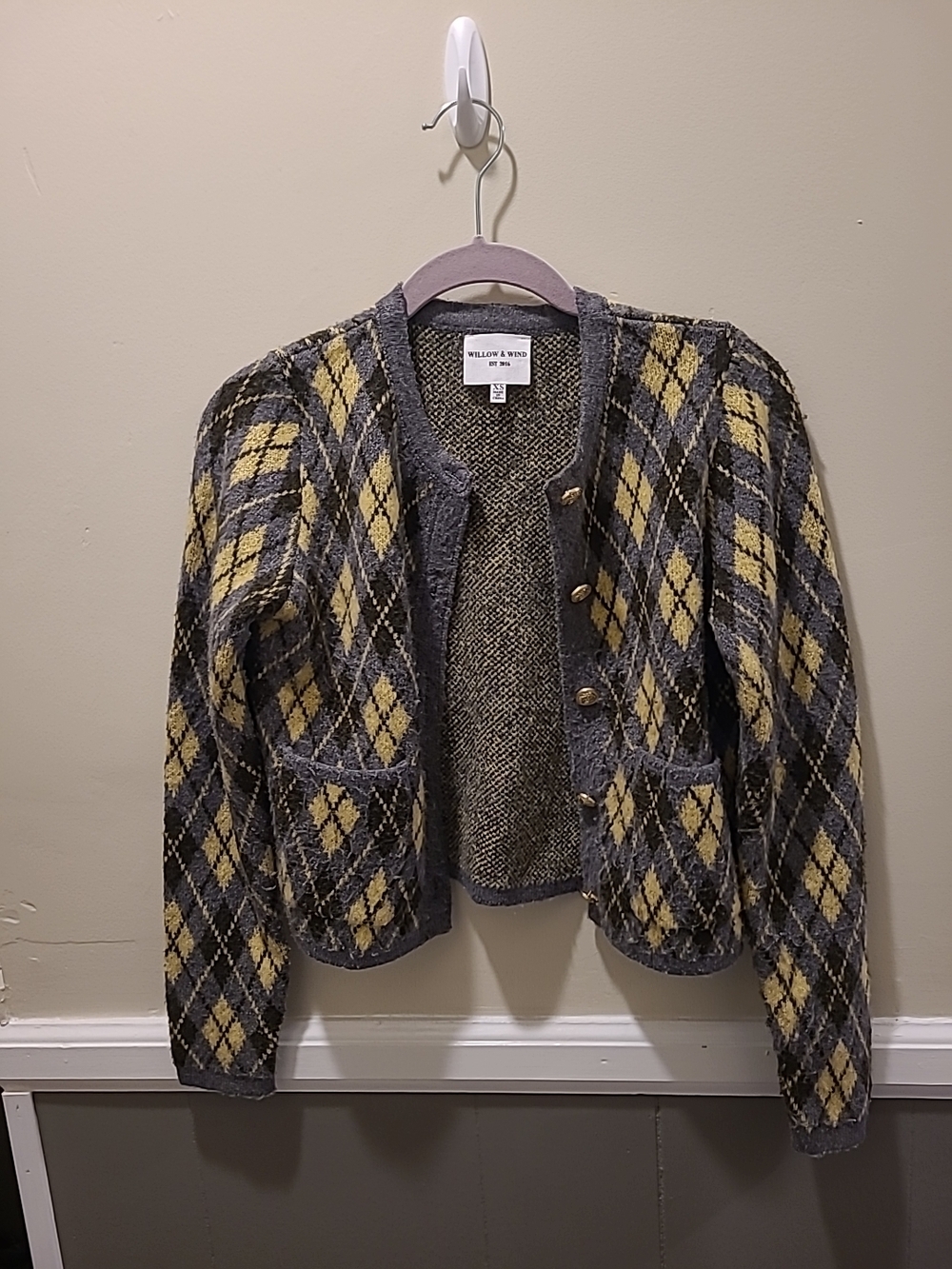 Willow & Wind Gray and Yellow Argyle Cardigan Sweater